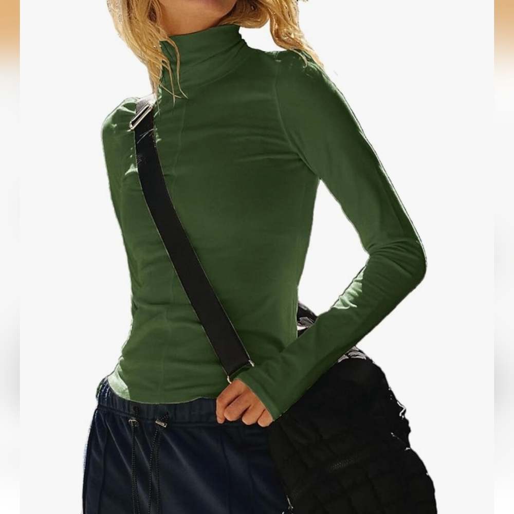Tiko Miko New CropGreen Long Sleeve Turtleneck Top, Slim Fit